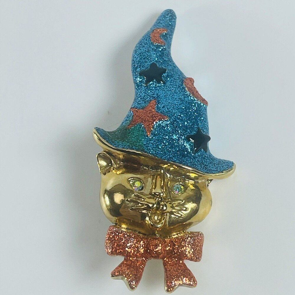 Vintage KIRKS FOLLY Crystal Glitter Enamel HALLOWEEN Cat in Witch Hat PIN BROOCH